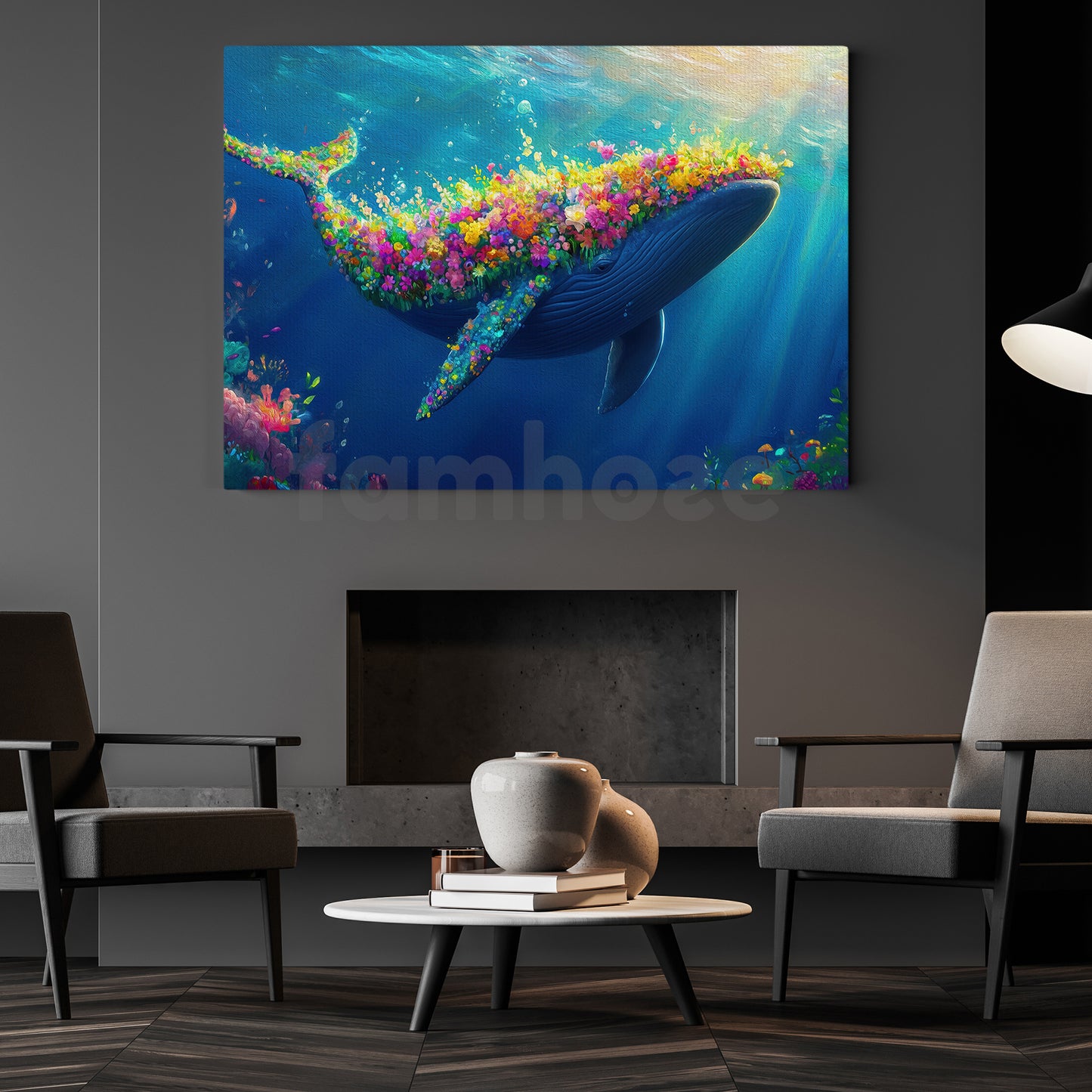 Flower Dolphin Canvas Painting, Floral Whale Wall Art Decor, Poster Gift For Dolphin Lovers