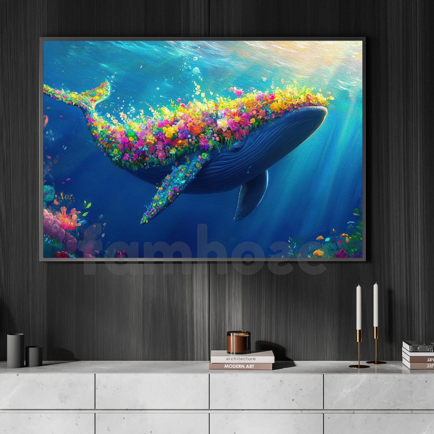Flower Dolphin Canvas Painting, Floral Whale Wall Art Decor, Poster Gift For Dolphin Lovers