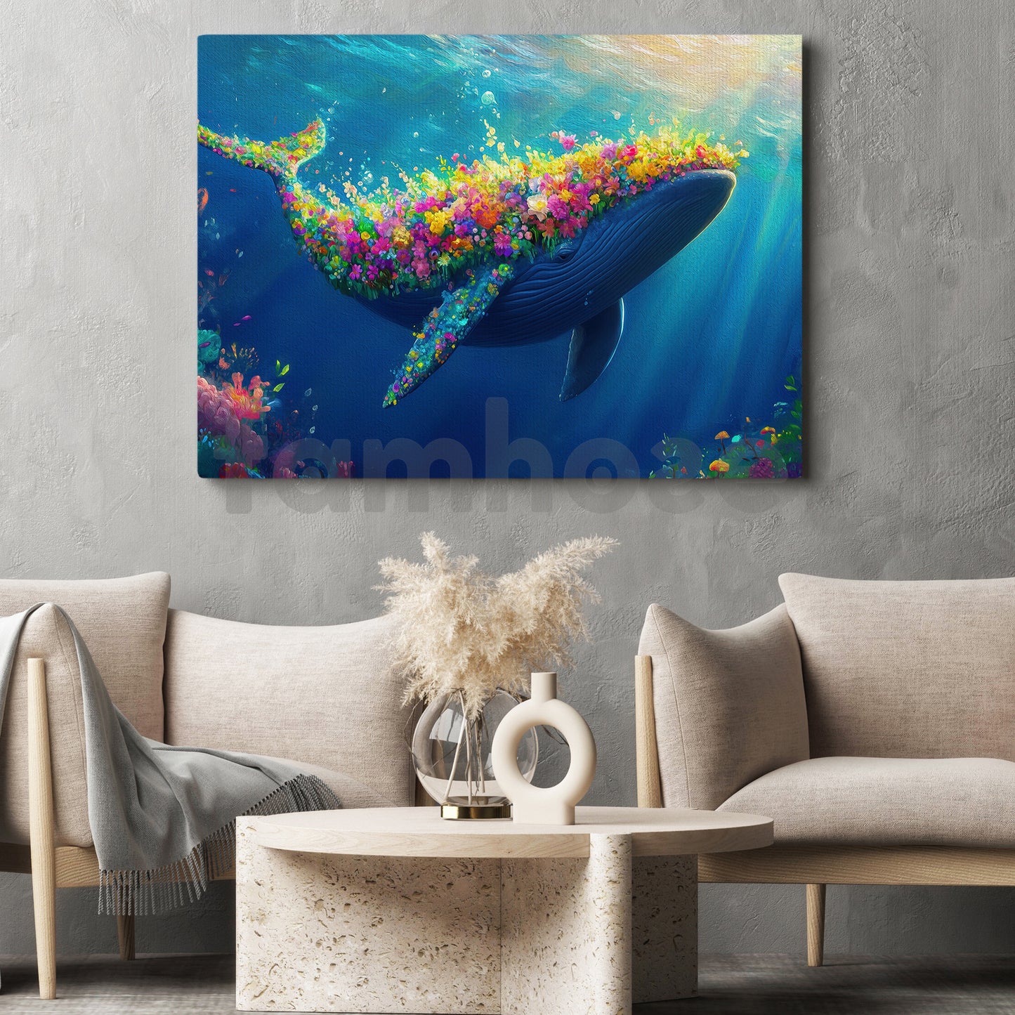 Flower Dolphin Canvas Painting, Floral Whale Wall Art Decor, Poster Gift For Dolphin Lovers