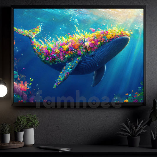 Flower Dolphin Canvas Painting, Floral Whale Wall Art Decor, Poster Gift For Dolphin Lovers