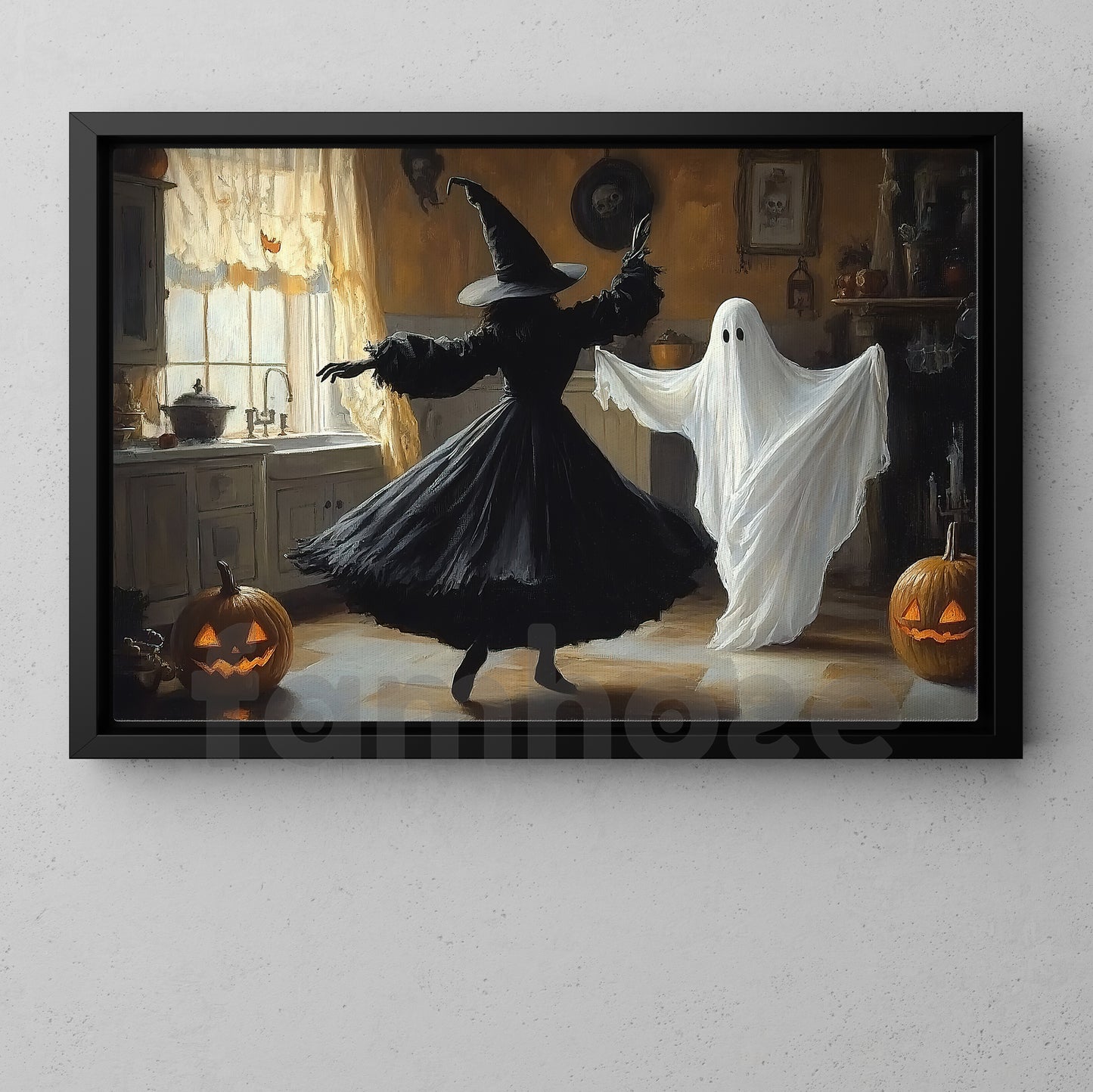 Halloween Witch & Boo Canvas Painting, Ghost Witch Dacing Together Spooky Season Wall Art Decor, Poster Gift For Witch Lovers, Boo Lovers