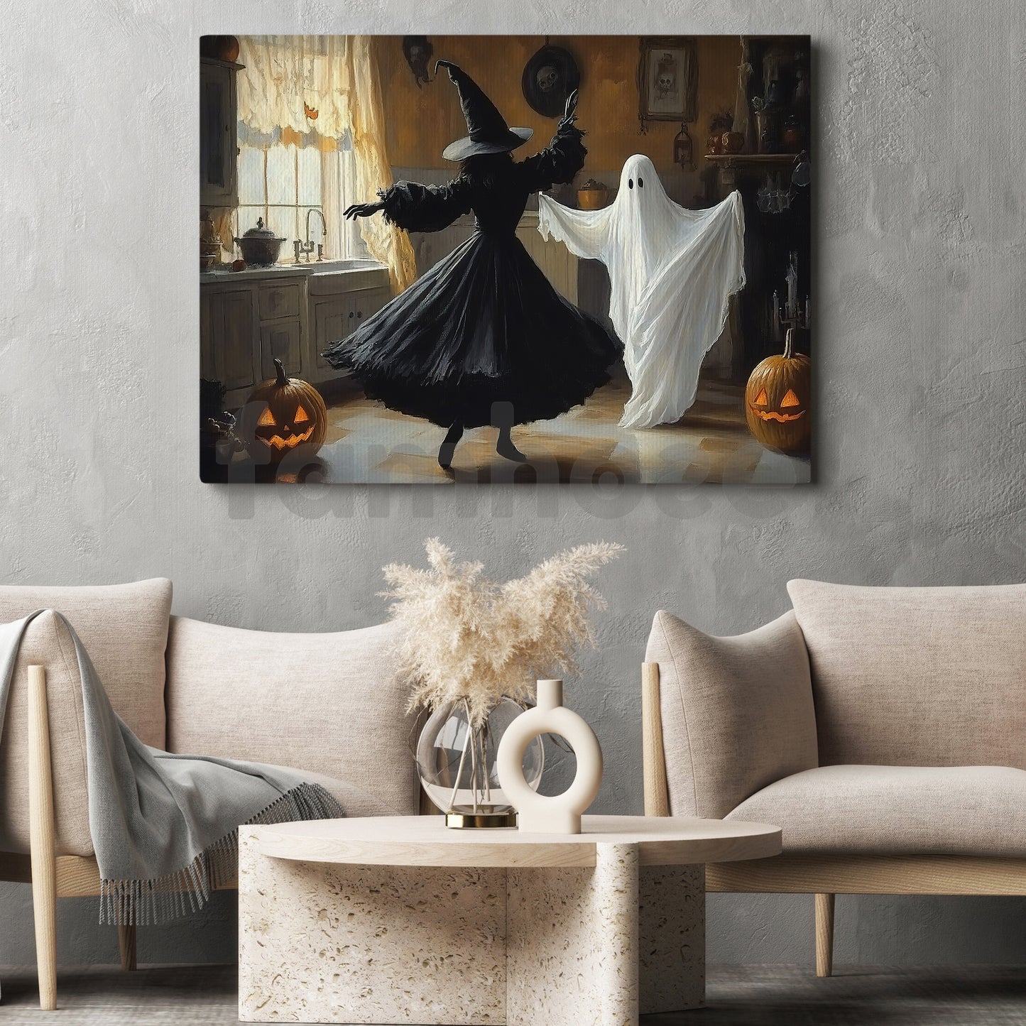 Halloween Witch & Boo Canvas Painting, Ghost Witch Dacing Together Spooky Season Wall Art Decor, Poster Gift For Witch Lovers, Boo Lovers
