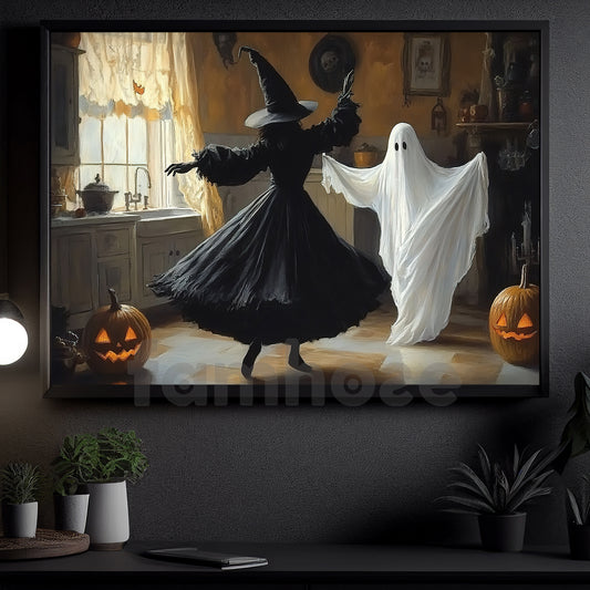 Halloween Witch & Boo Canvas Painting, Ghost Witch Dacing Together Spooky Season Wall Art Decor, Poster Gift For Witch Lovers, Boo Lovers