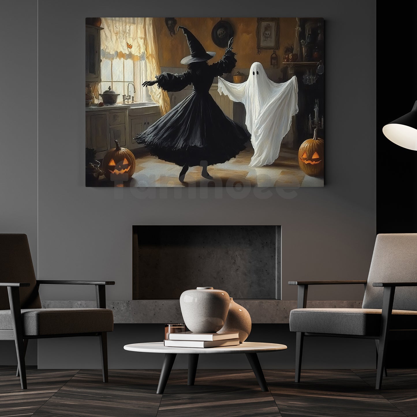 Halloween Witch & Boo Canvas Painting, Ghost Witch Dacing Together Spooky Season Wall Art Decor, Poster Gift For Witch Lovers, Boo Lovers