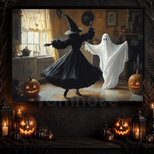 Halloween Witch & Boo Canvas Painting, Ghost Witch Dacing Together Spooky Season Wall Art Decor, Poster Gift For Witch Lovers, Boo Lovers