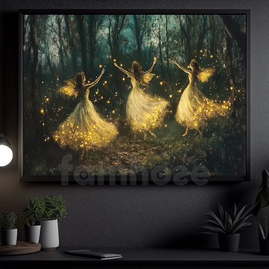 Fairy Canvas Painting, Dancing Fairies In The Forest Wall Art Decor, Poster Gift For Fairy Lovers