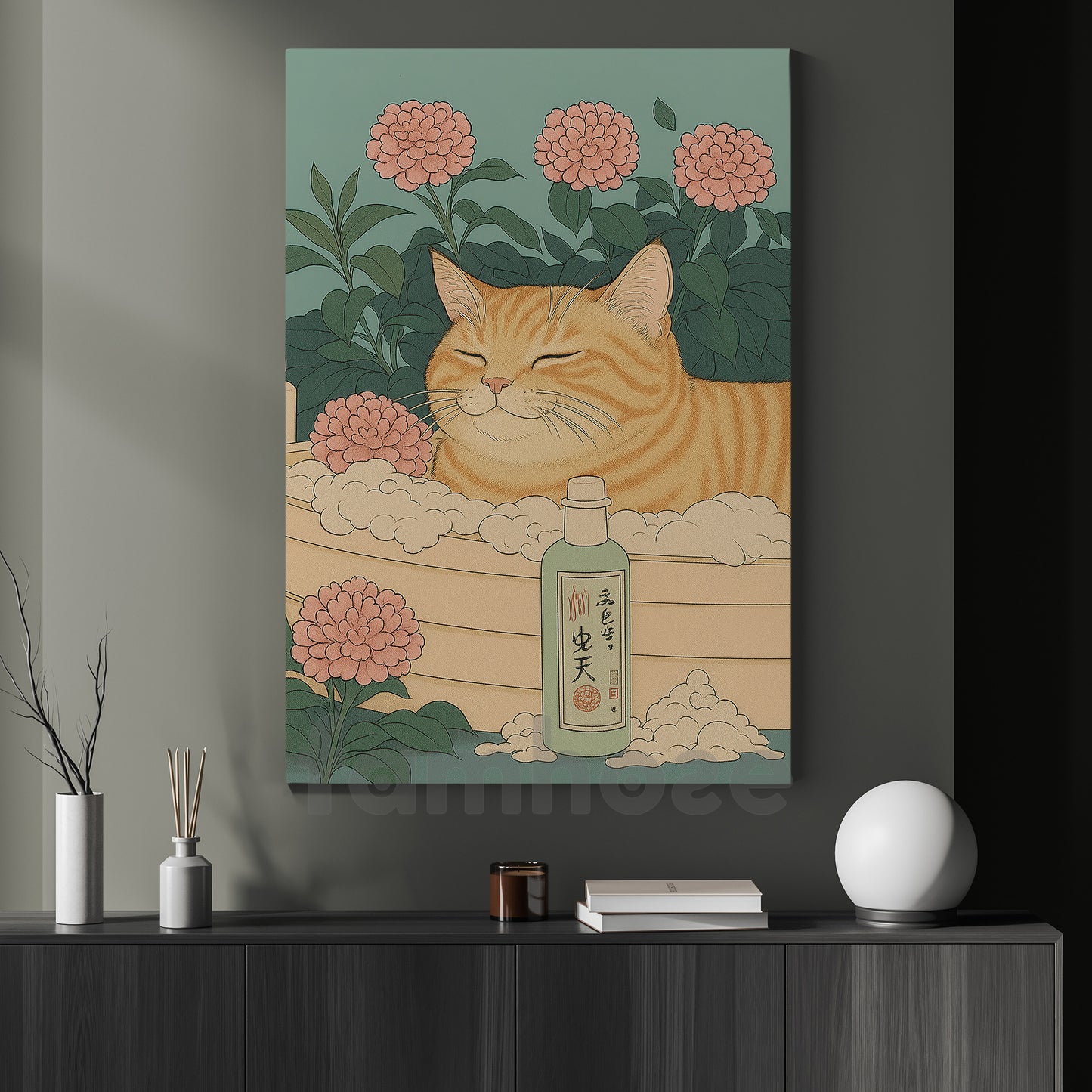 Cute Cat Canvas Painting, Zen Kitty Spa Wall Art Decor, Poster Gift For Cat Lovers