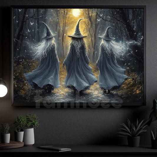 Halloween Witch Canvas Painting, Moonlit Witches Walk Spooky Season Wall Art Decor, Poster Gift To Decor House Or Office