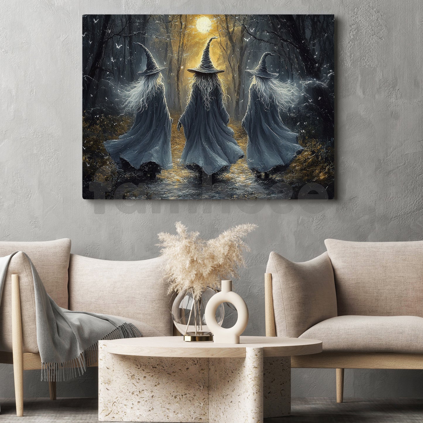 Halloween Witch Canvas Painting, Moonlit Witches Walk Spooky Season Wall Art Decor, Poster Gift To Decor House Or Office