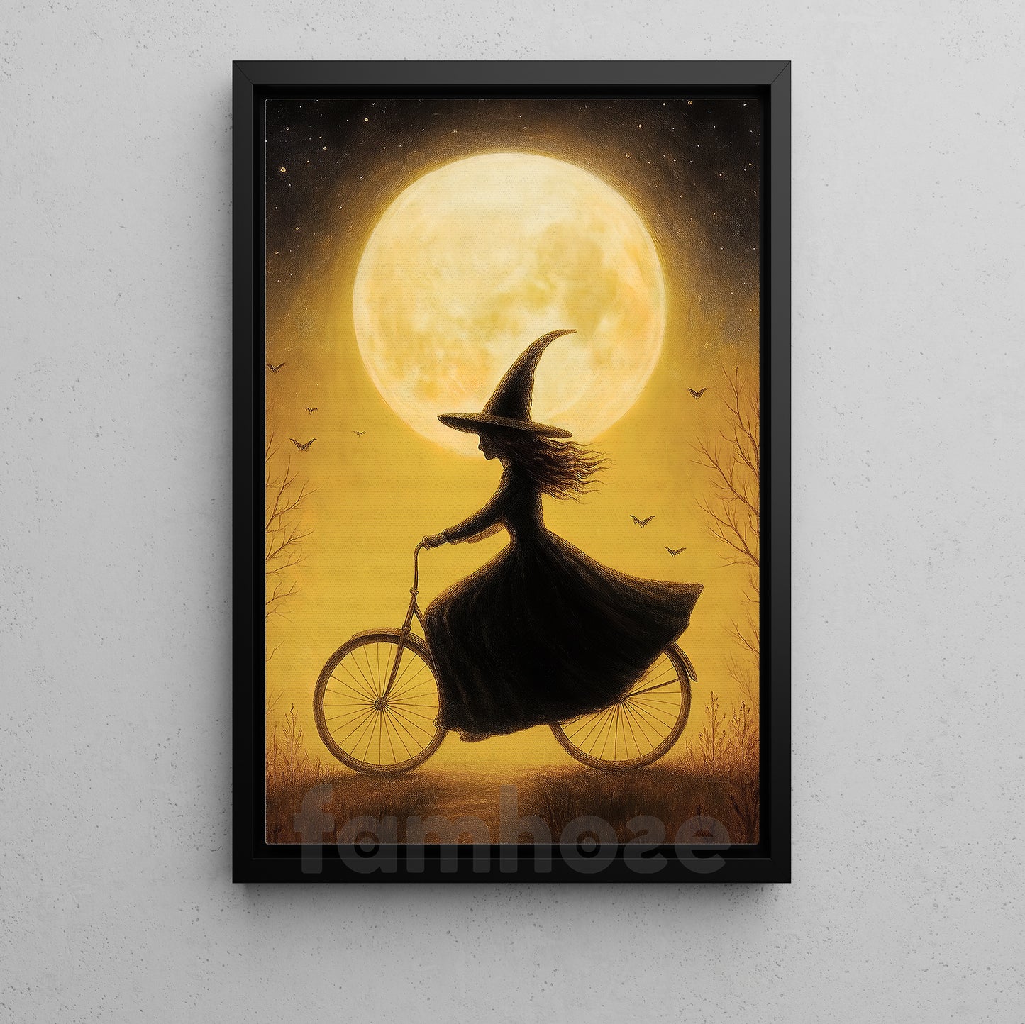 Halloween Witch Canvas Painting, Witch On Bicycle Under Moon Wall Art Decor Spooky Season Poster Gift For Witch Lovers