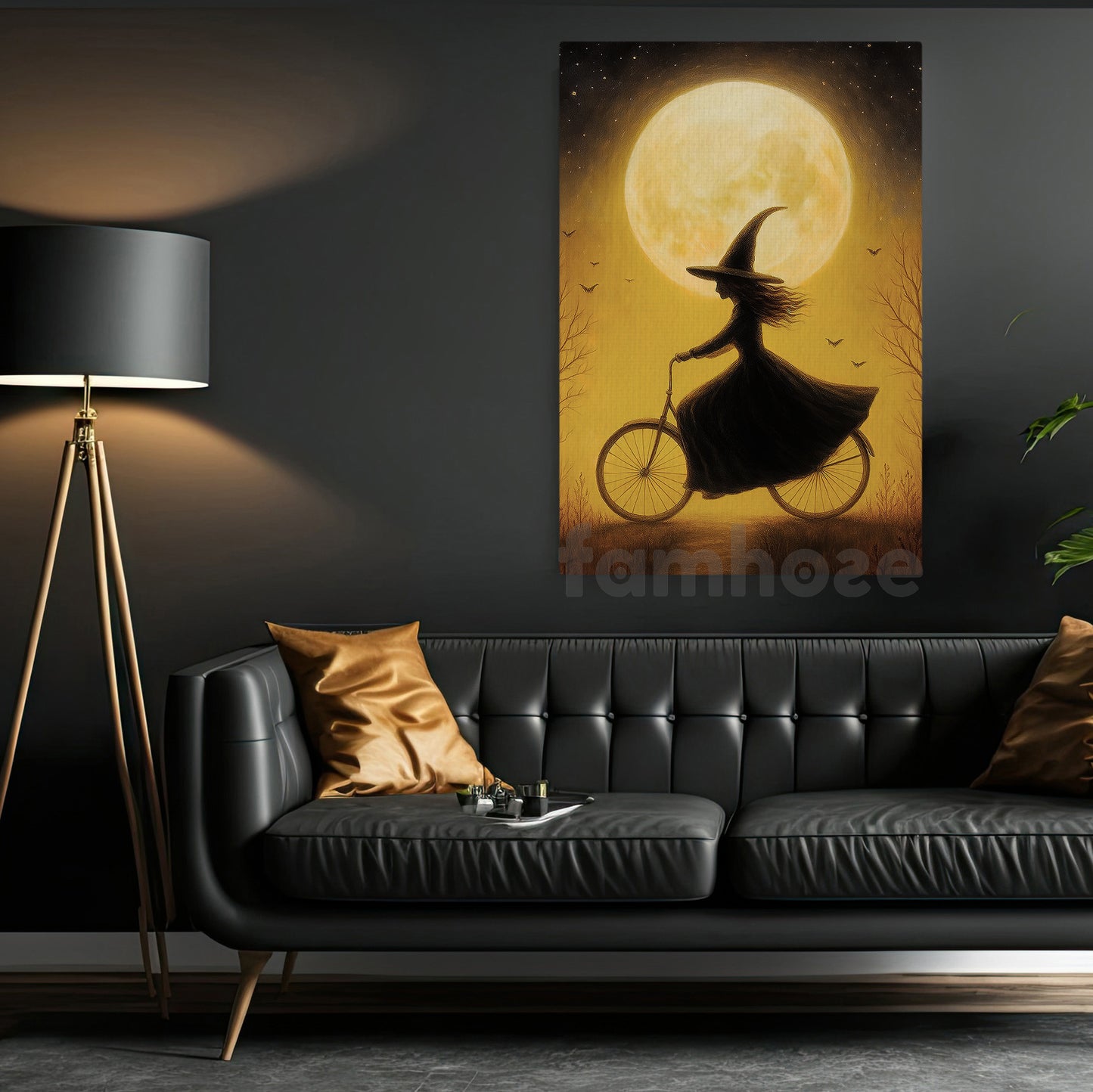 Halloween Witch Canvas Painting, Witch On Bicycle Under Moon Wall Art Decor Spooky Season Poster Gift For Witch Lovers