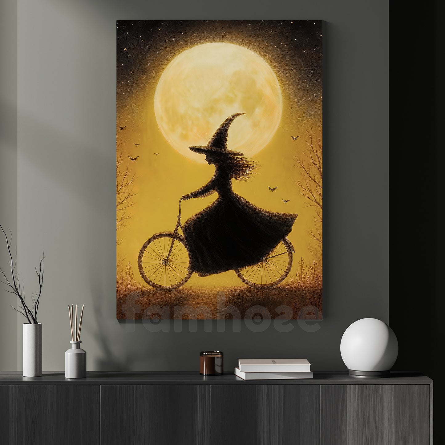 Halloween Witch Canvas Painting, Witch On Bicycle Under Moon Wall Art Decor Spooky Season Poster Gift For Witch Lovers