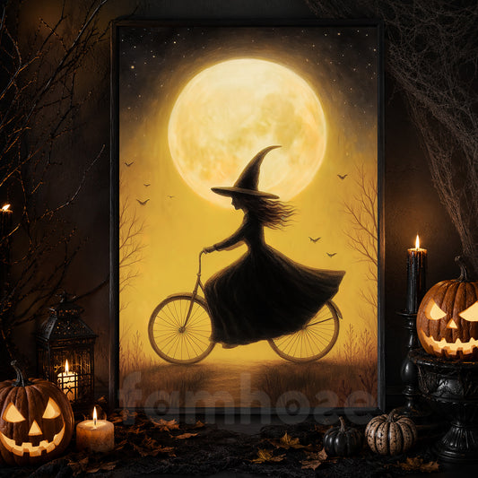 Halloween Witch Canvas Painting, Witch On Bicycle Under Moon Wall Art Decor Spooky Season Poster Gift For Witch Lovers