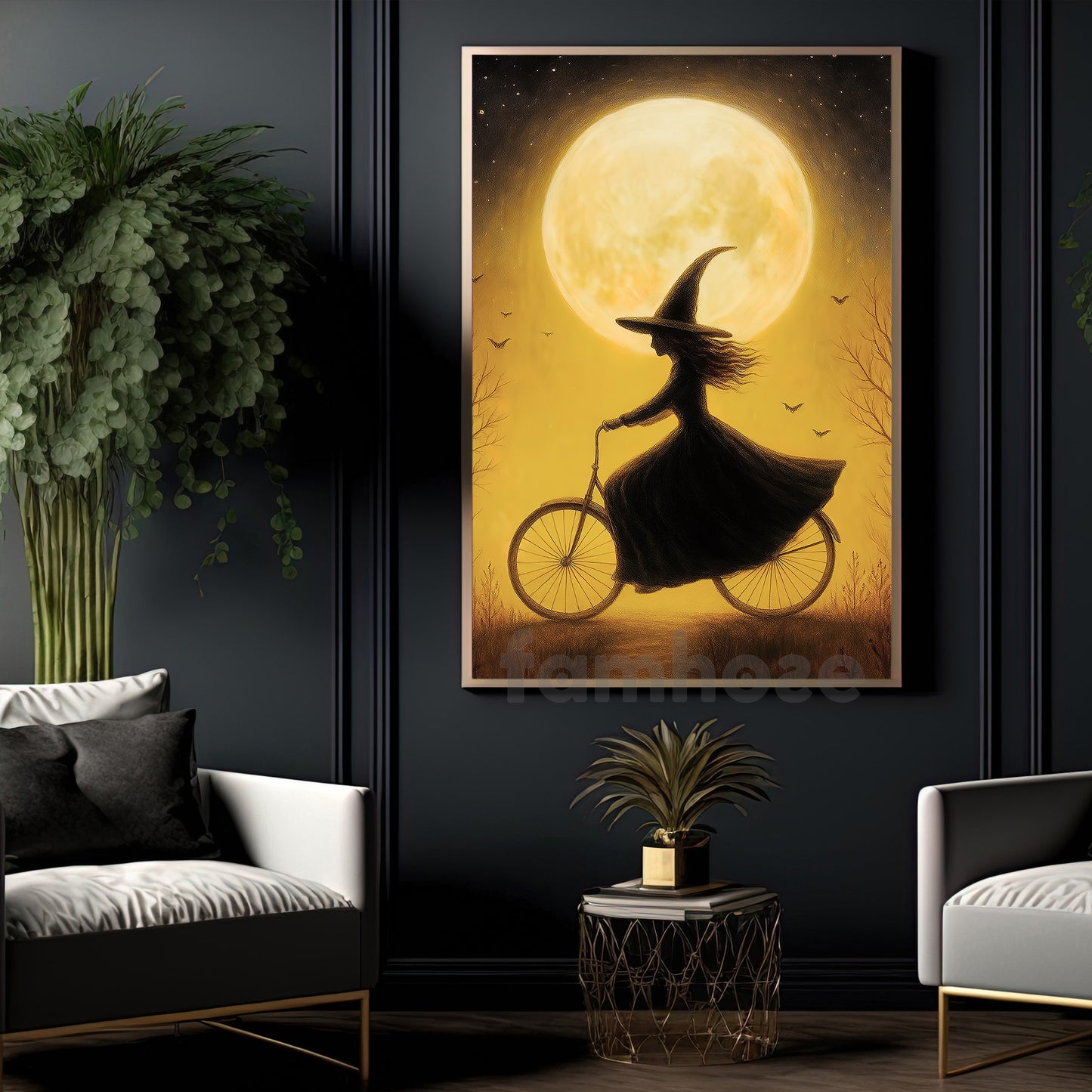 Halloween Witch Canvas Painting, Witch On Bicycle Under Moon Wall Art Decor Spooky Season Poster Gift For Witch Lovers