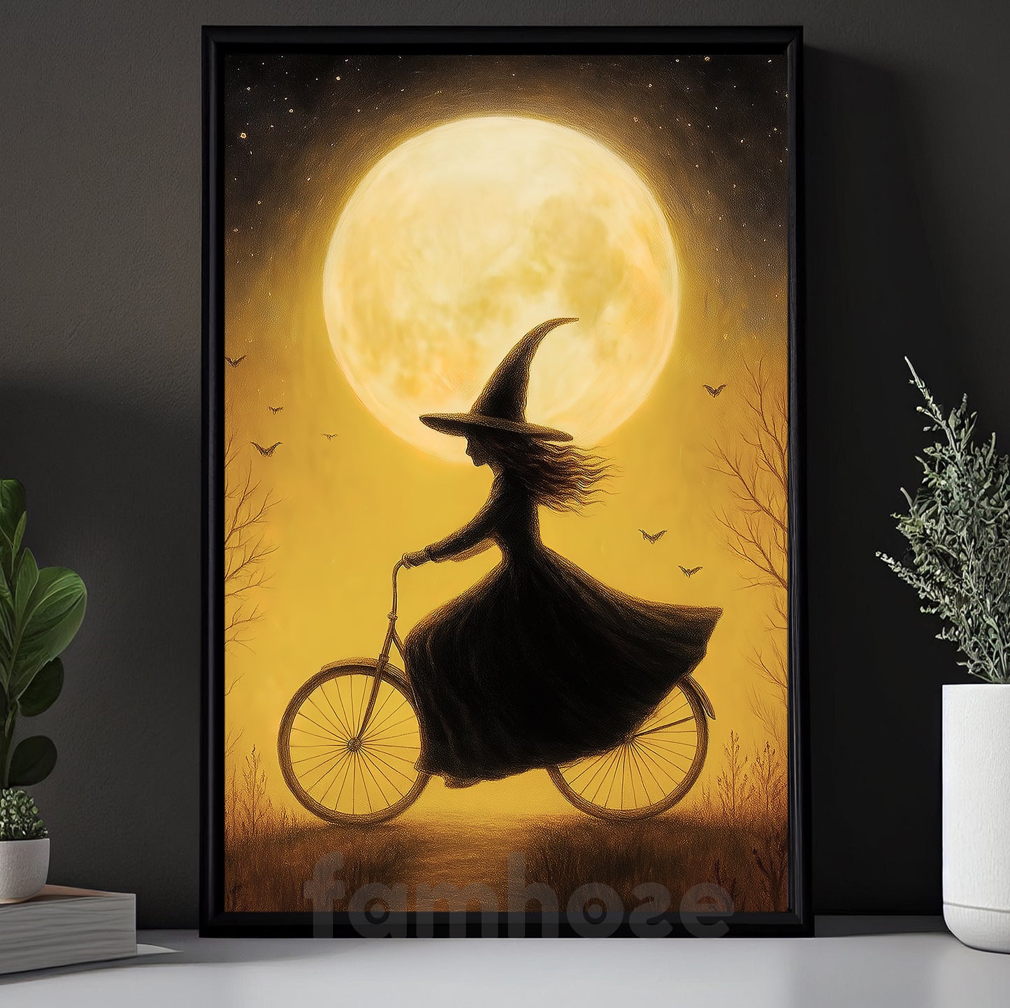 Halloween Witch Canvas Painting, Witch On Bicycle Under Moon Wall Art Decor Spooky Season Poster Gift For Witch Lovers