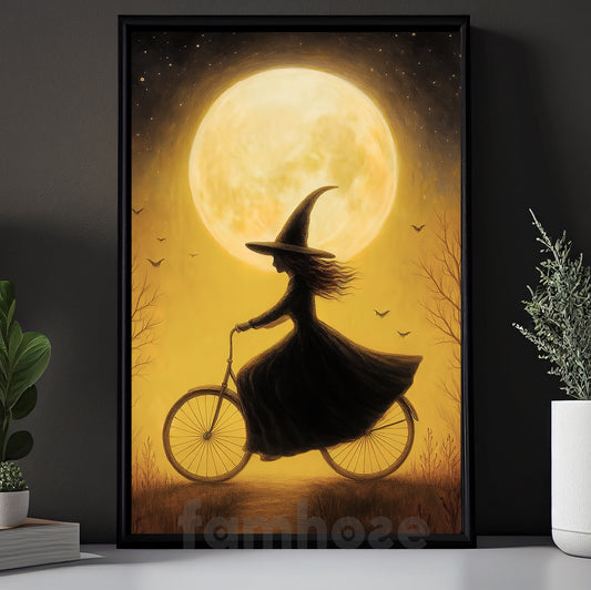 Halloween Witch Canvas Painting, Witch On Bicycle Under Moon Wall Art Decor Spooky Season Poster Gift For Witch Lovers