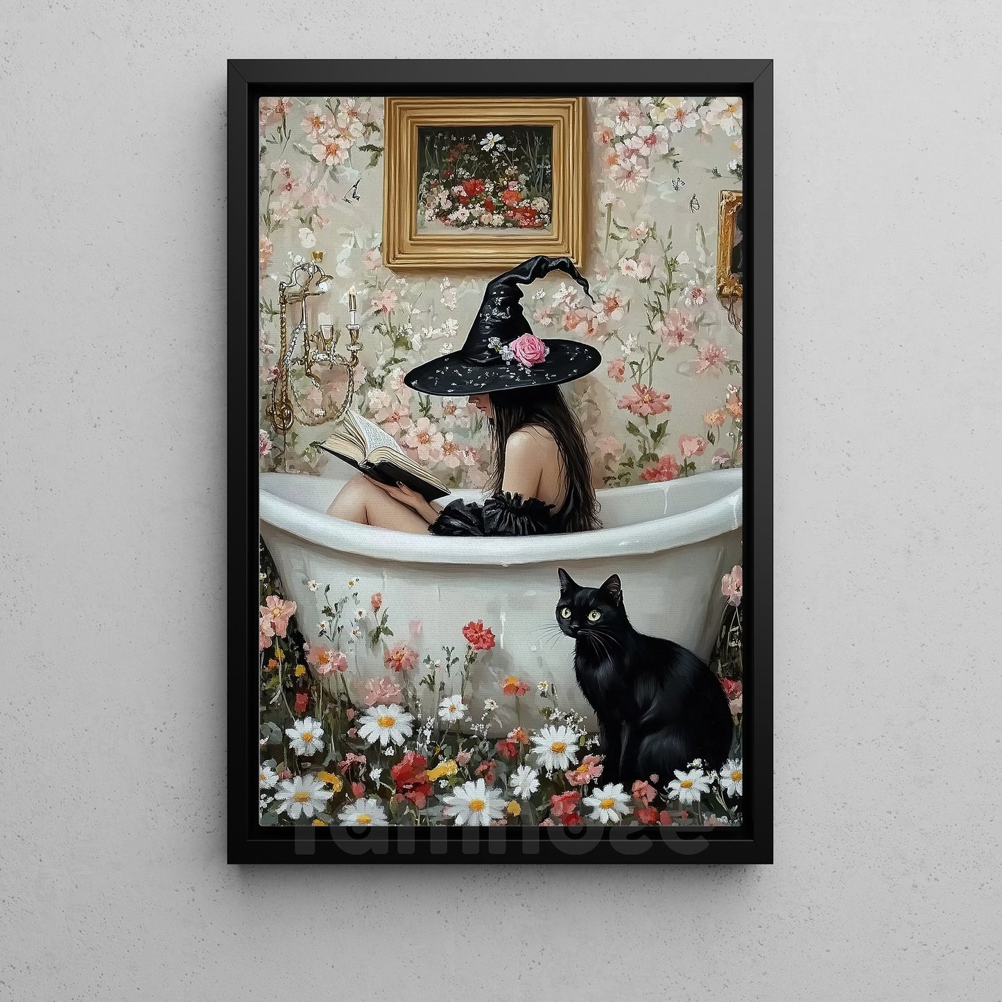 Halloween Black Cat Witch Canvas Painting, Bathtub Witch With Black Cat Wall Art Decor Spooky Season Poster Gift For Cat Lovers, Witch Lovers