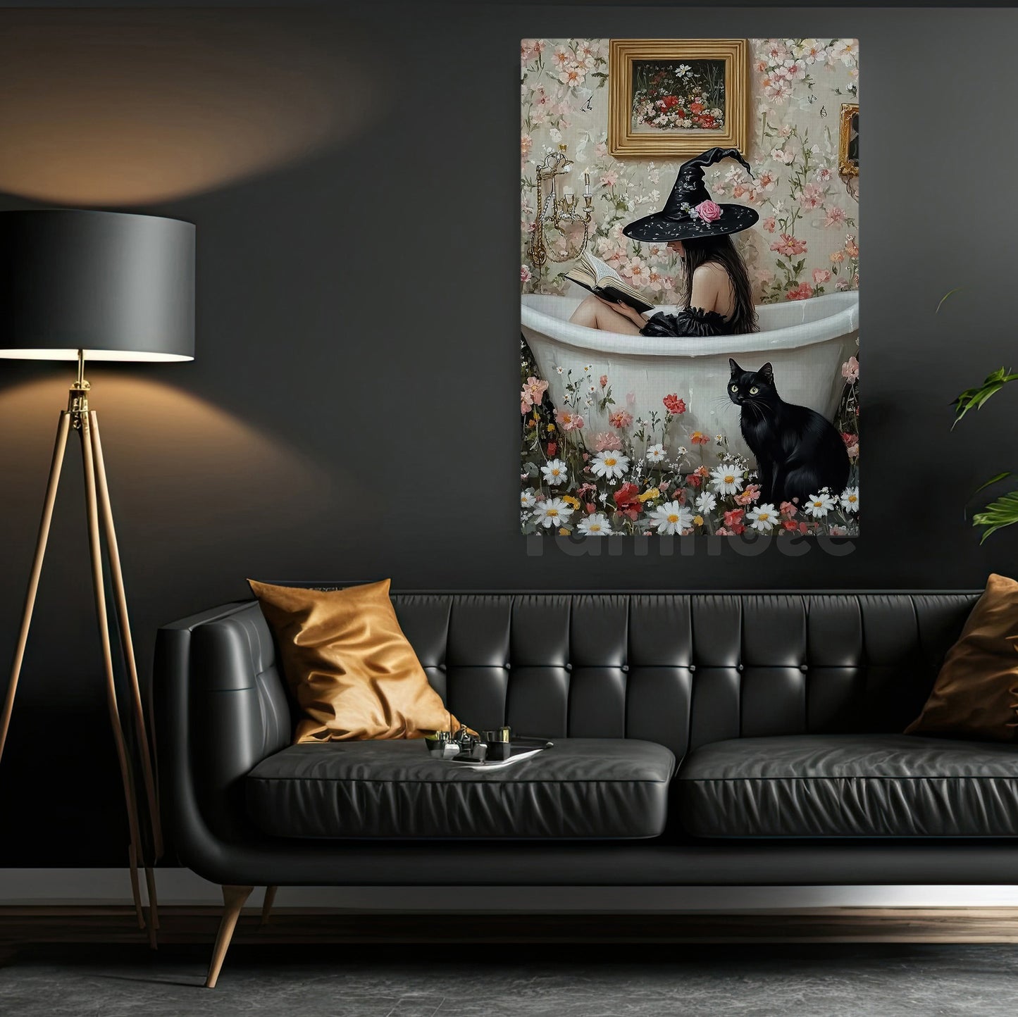 Halloween Black Cat Witch Canvas Painting, Bathtub Witch With Black Cat Wall Art Decor Spooky Season Poster Gift For Cat Lovers, Witch Lovers