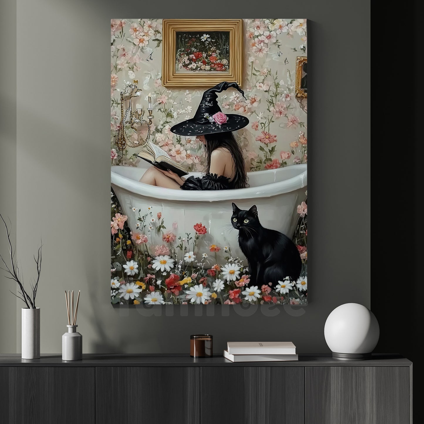 Halloween Black Cat Witch Canvas Painting, Bathtub Witch With Black Cat Wall Art Decor Spooky Season Poster Gift For Cat Lovers, Witch Lovers