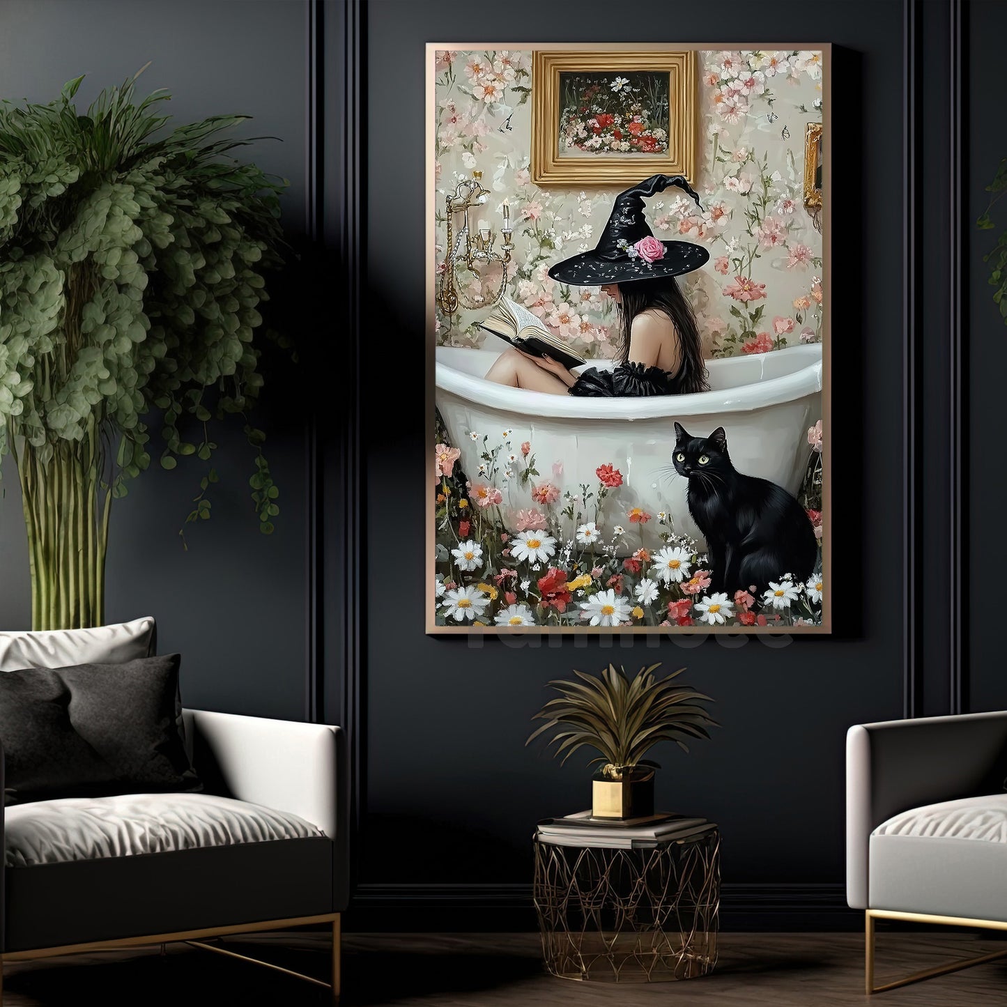 Halloween Black Cat Witch Canvas Painting, Bathtub Witch With Black Cat Wall Art Decor Spooky Season Poster Gift For Cat Lovers, Witch Lovers