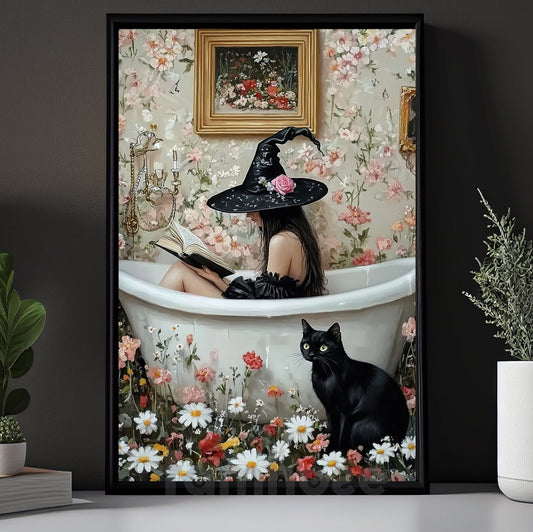Halloween Black Cat Witch Canvas Painting, Bathtub Witch With Black Cat Wall Art Decor Spooky Season Poster Gift For Cat Lovers, Witch Lovers