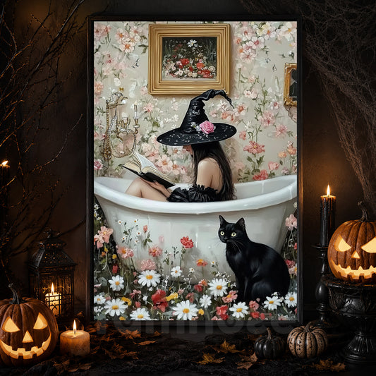 Halloween Black Cat Witch Canvas Painting, Bathtub Witch With Black Cat Wall Art Decor Spooky Season Poster Gift For Cat Lovers, Witch Lovers