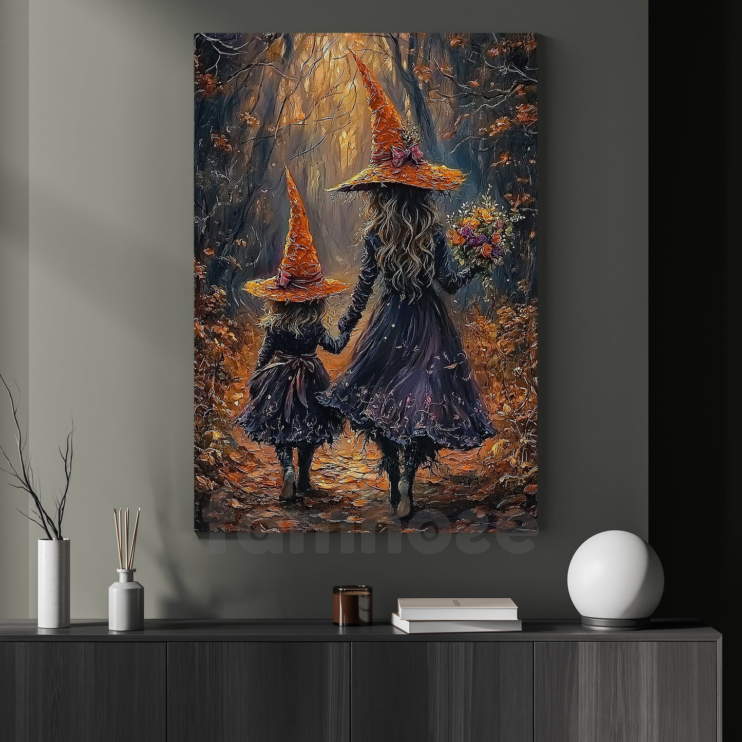 Halloween Witch Canvas Painting, Mother And Daughter Witches Wall Art Decor Spooky Season Poster Gift For Witch Lovers