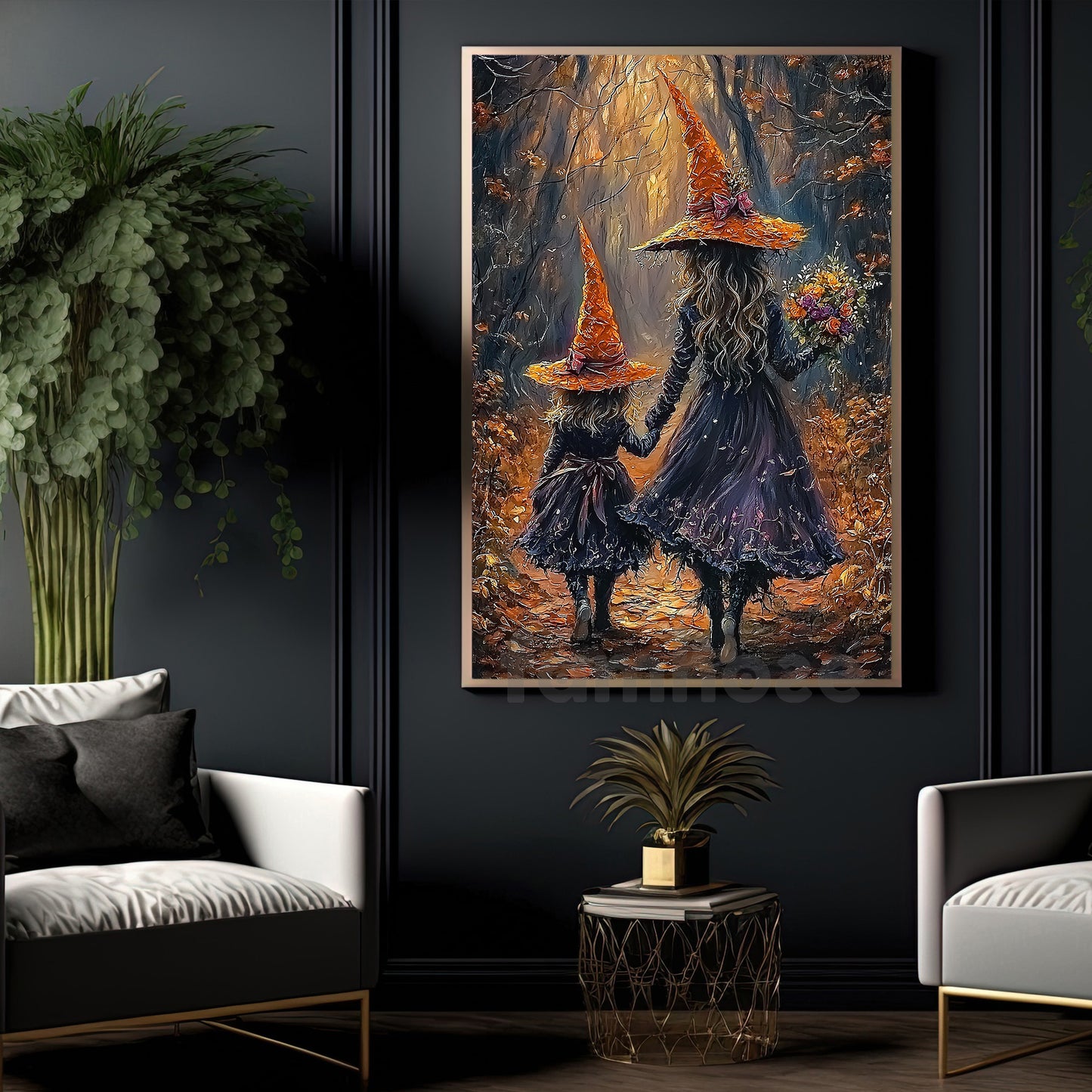 Halloween Witch Canvas Painting, Mother And Daughter Witches Wall Art Decor Spooky Season Poster Gift For Witch Lovers