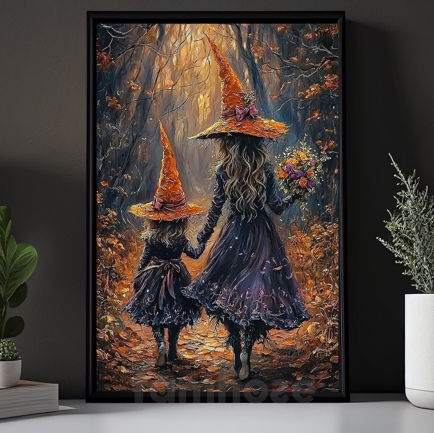 Halloween Witch Canvas Painting, Mother And Daughter Witches Wall Art Decor Spooky Season Poster Gift For Witch Lovers