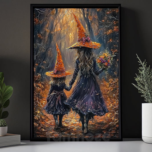 Halloween Witch Canvas Painting, Mother And Daughter Witches Wall Art Decor Spooky Season Poster Gift For Witch Lovers