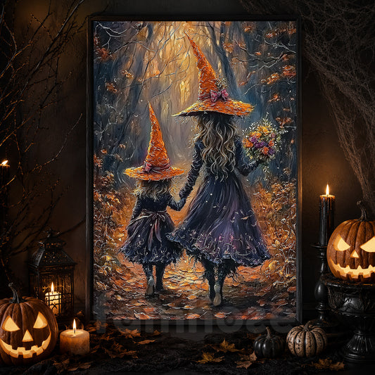 Halloween Witch Canvas Painting, Mother And Daughter Witches Wall Art Decor Spooky Season Poster Gift For Witch Lovers