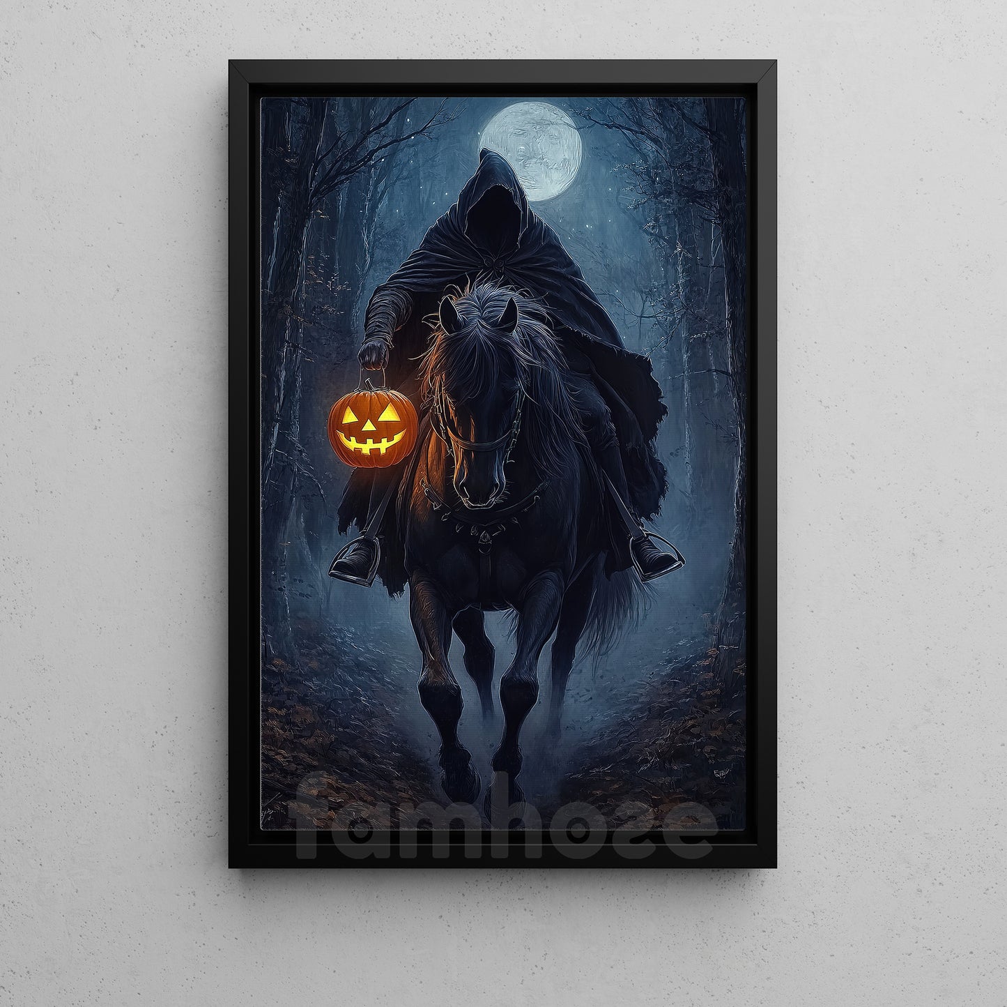 Halloween Horse Riding Canvas Painting, Midnight Hunt Wall Art Decor, Spooky Season Poster Gift For Horseman, Horse Riding Lovers