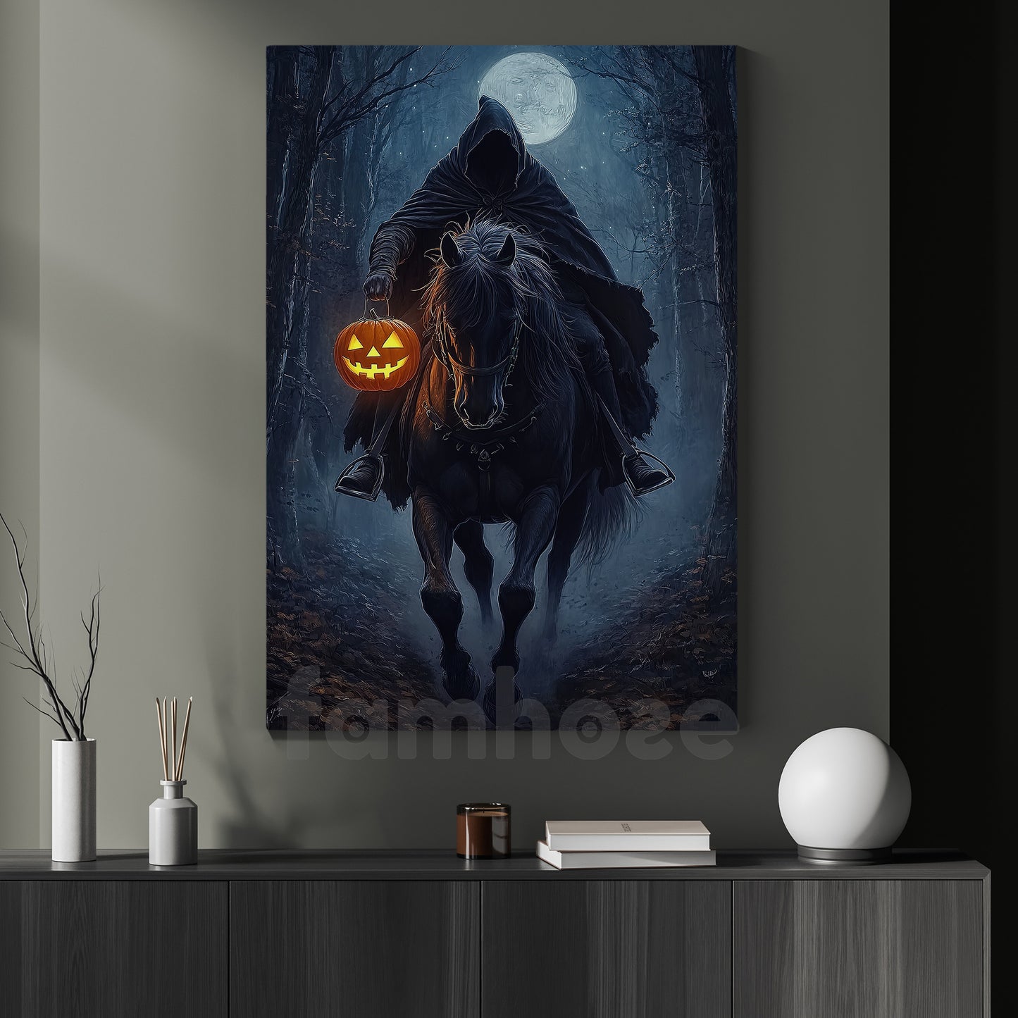 Halloween Horse Riding Canvas Painting, Midnight Hunt Wall Art Decor, Spooky Season Poster Gift For Horseman, Horse Riding Lovers
