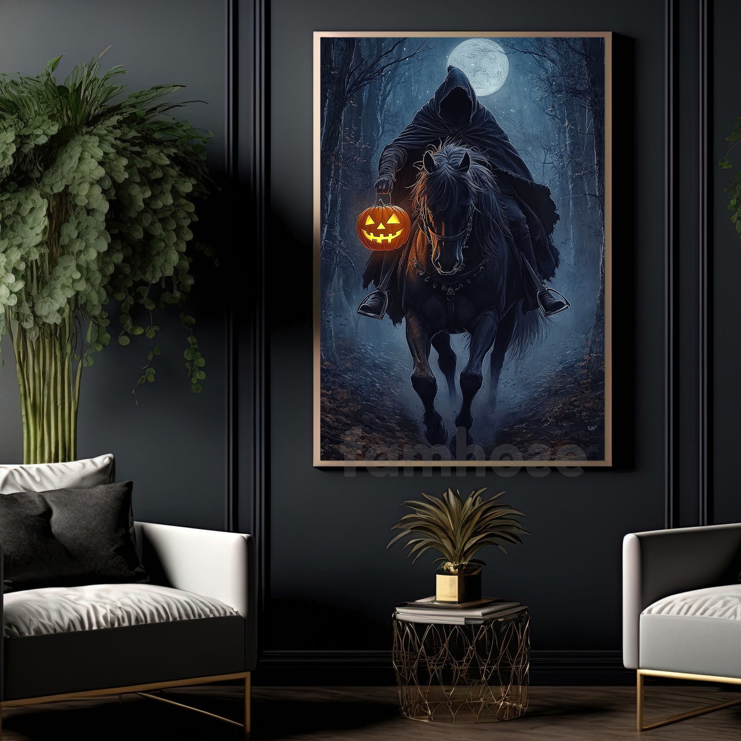 Halloween Horse Riding Canvas Painting, Midnight Hunt Wall Art Decor, Spooky Season Poster Gift For Horseman, Horse Riding Lovers