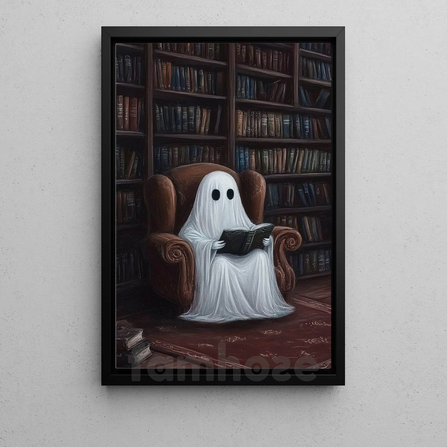 Halloween Boo Book Canvas Painting, Ghost In The Library Wall Art Decor, Spooky Season Poster Gift For Ghost Lovers, Book Lovers