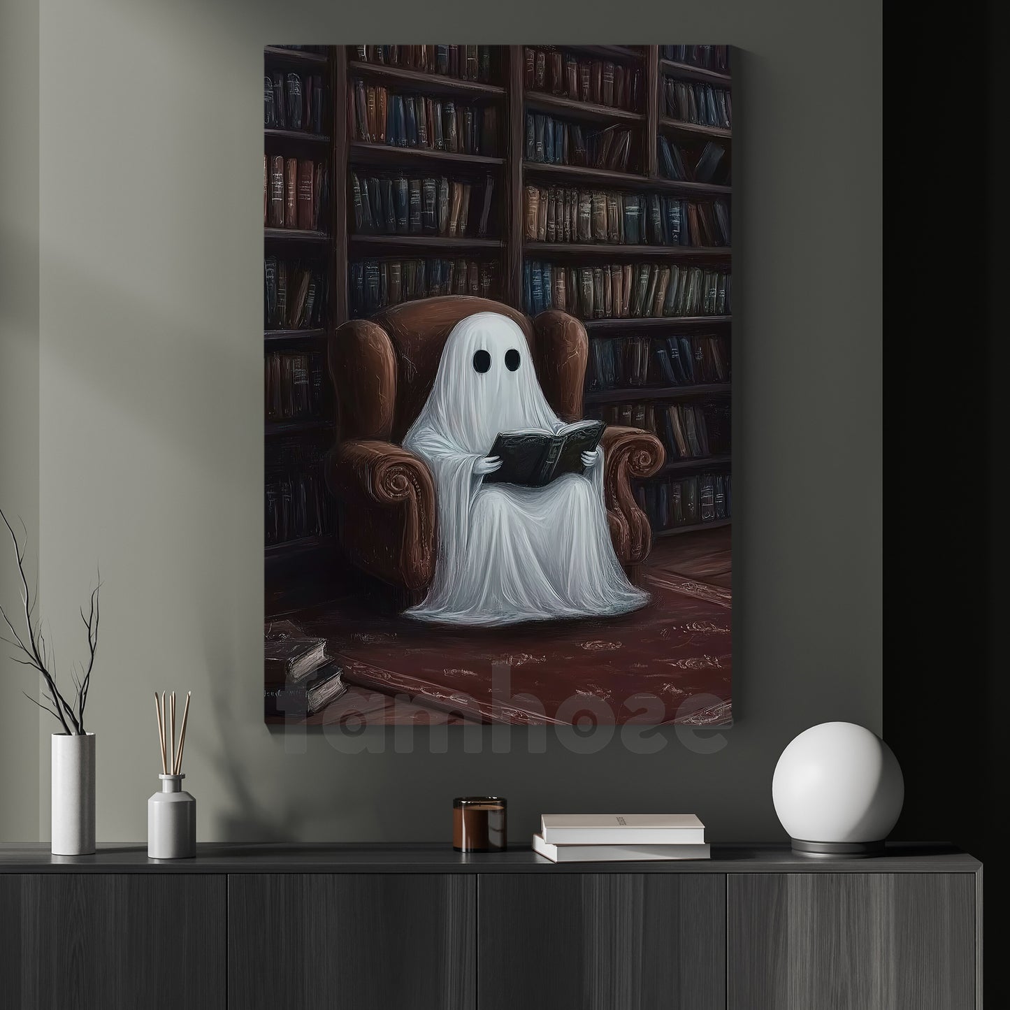 Halloween Boo Book Canvas Painting, Ghost In The Library Wall Art Decor, Spooky Season Poster Gift For Ghost Lovers, Book Lovers
