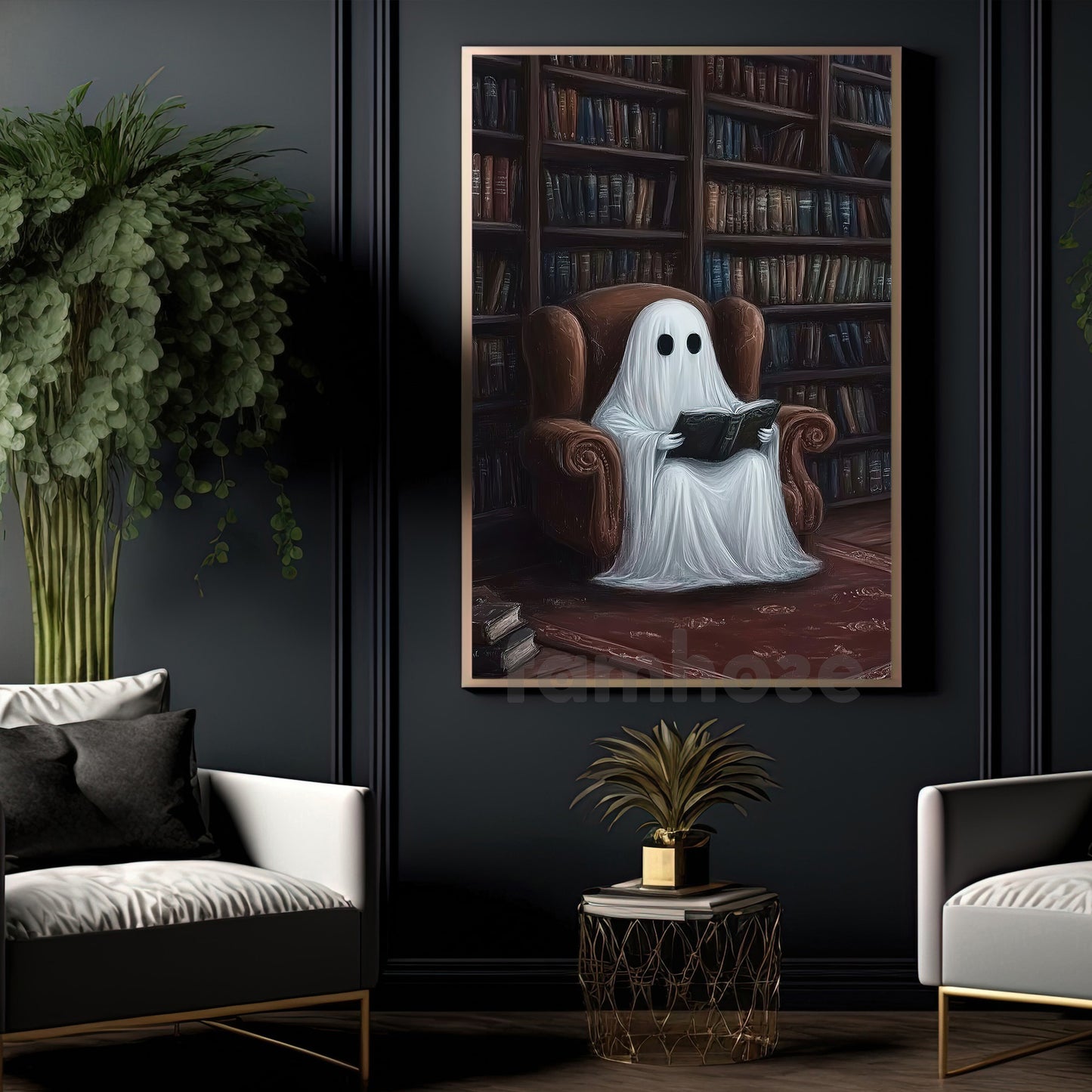 Halloween Boo Book Canvas Painting, Ghost In The Library Wall Art Decor, Spooky Season Poster Gift For Ghost Lovers, Book Lovers