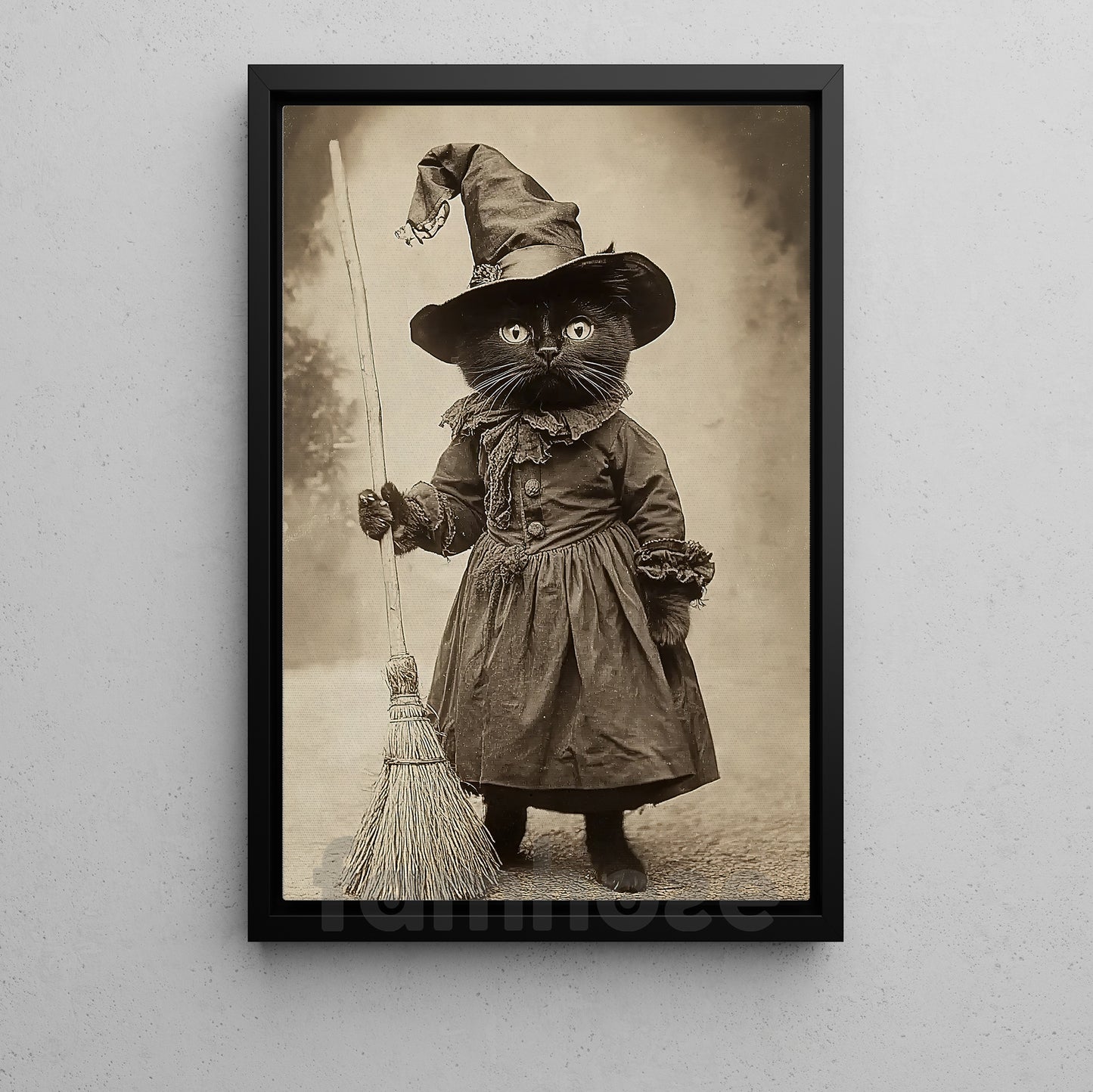 Halloween Black Cat Witch Canvas Painting, Apprentice Witch Cat Wall Art Decor Spooky Season Poster Gift For Cat Lovers