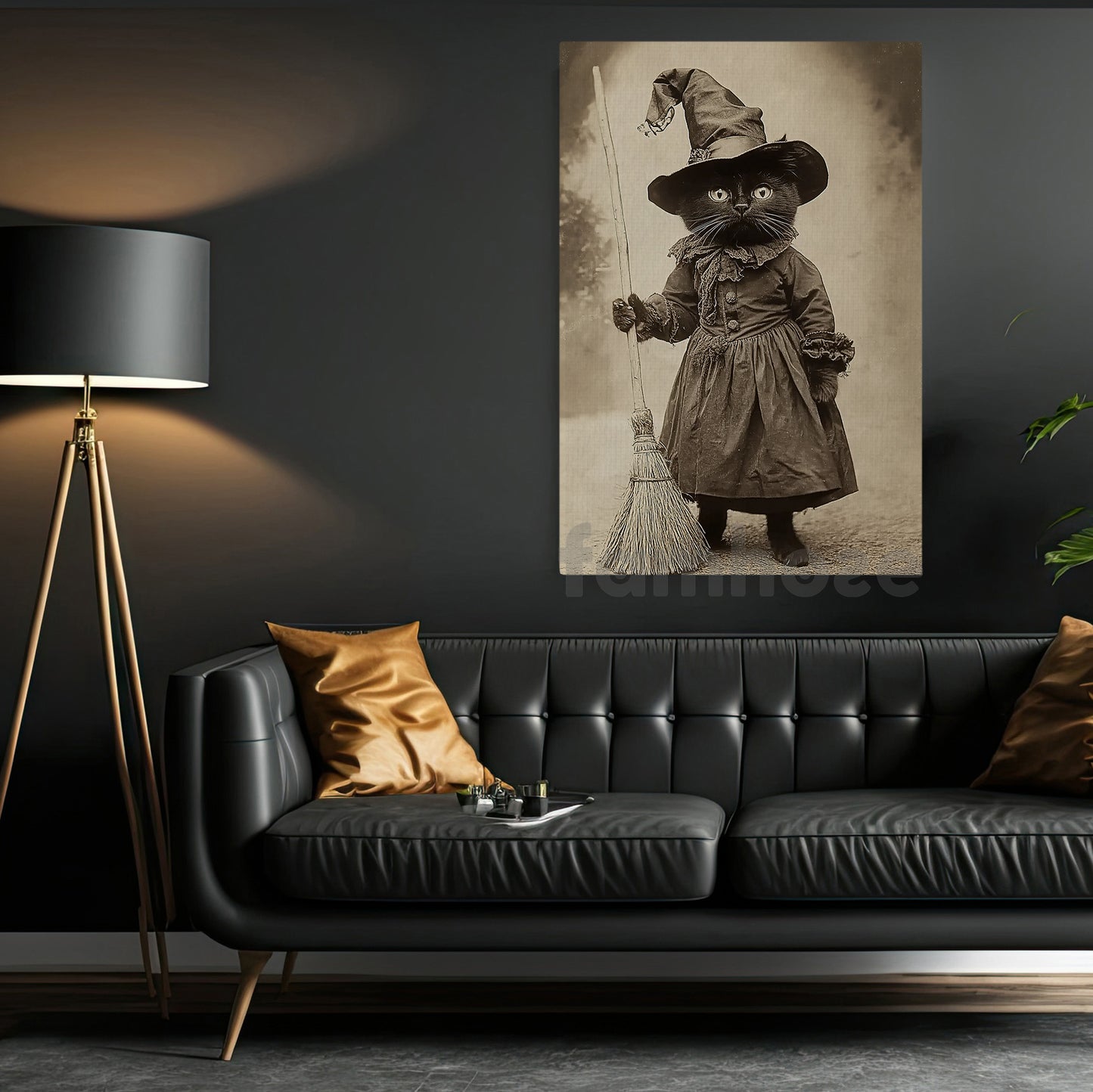 Halloween Black Cat Witch Canvas Painting, Apprentice Witch Cat Wall Art Decor Spooky Season Poster Gift For Cat Lovers
