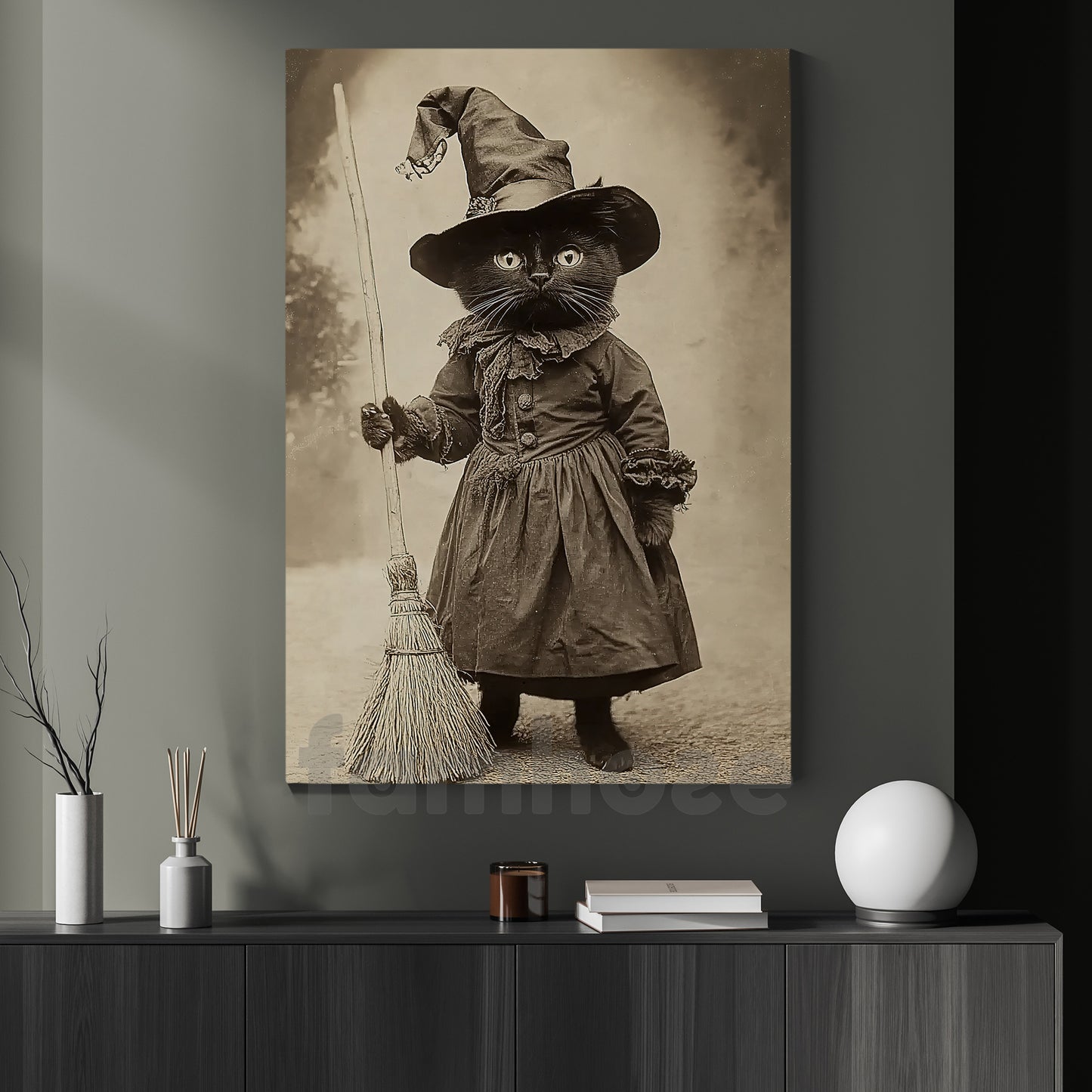 Halloween Black Cat Witch Canvas Painting, Apprentice Witch Cat Wall Art Decor Spooky Season Poster Gift For Cat Lovers
