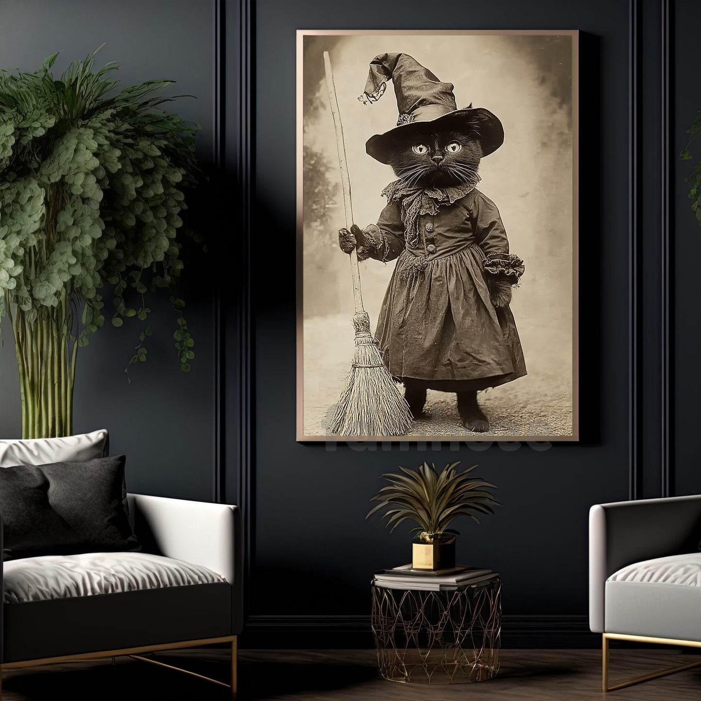 Halloween Black Cat Witch Canvas Painting, Apprentice Witch Cat Wall Art Decor Spooky Season Poster Gift For Cat Lovers