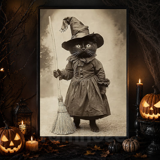 Halloween Black Cat Witch Canvas Painting, Apprentice Witch Cat Wall Art Decor Spooky Season Poster Gift For Cat Lovers