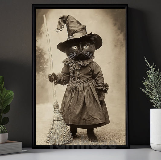 Halloween Black Cat Witch Canvas Painting, Apprentice Witch Cat Wall Art Decor Spooky Season Poster Gift For Cat Lovers