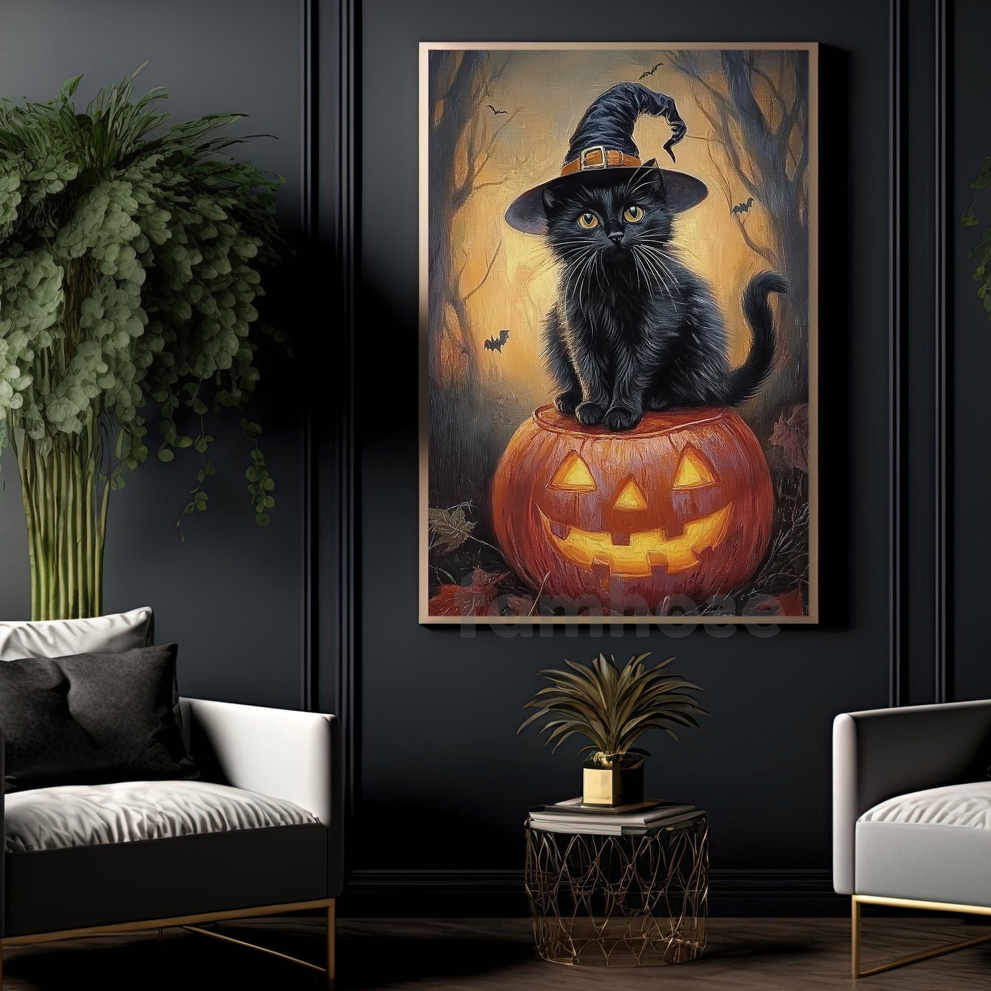 Halloween Black Cat Witch Pumpkin Canvas Painting, Pumpkin Witch’s Cat Wall Art Decor, Spooky Season Poster Gift For Cat Lovers, Pumpkin Lovers
