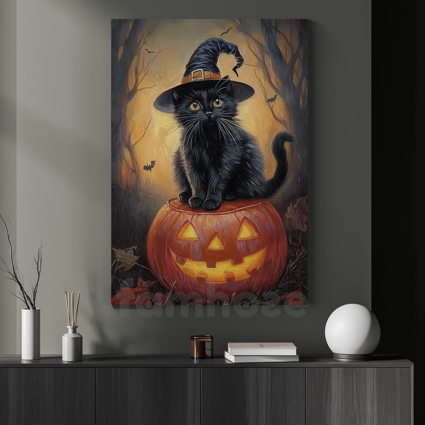 Halloween Black Cat Witch Pumpkin Canvas Painting, Pumpkin Witch’s Cat Wall Art Decor, Spooky Season Poster Gift For Cat Lovers, Pumpkin Lovers