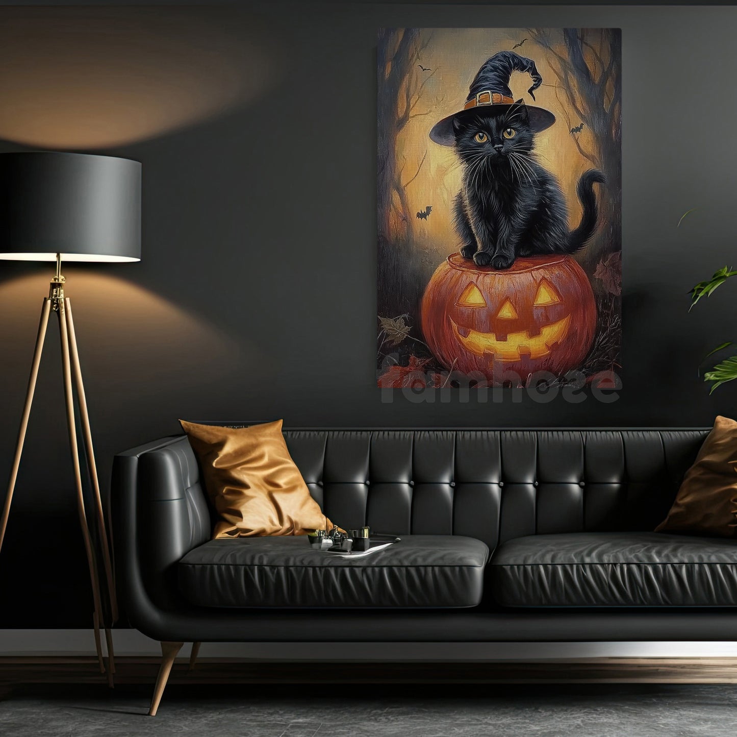 Halloween Black Cat Witch Pumpkin Canvas Painting, Pumpkin Witch’s Cat Wall Art Decor, Spooky Season Poster Gift For Cat Lovers, Pumpkin Lovers