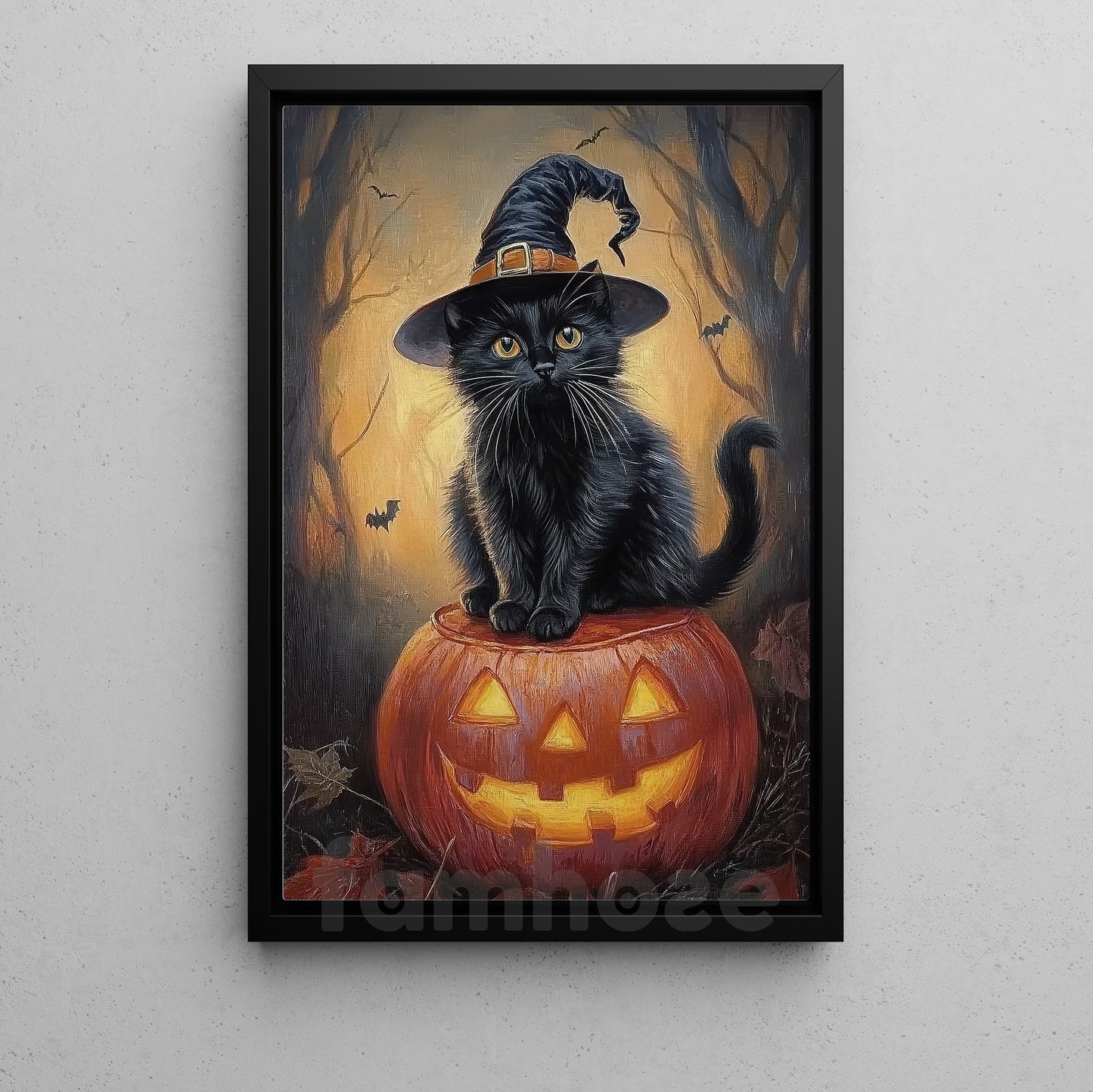 Halloween Black Cat Witch Pumpkin Canvas Painting, Pumpkin Witch’s Cat Wall Art Decor, Spooky Season Poster Gift For Cat Lovers, Pumpkin Lovers