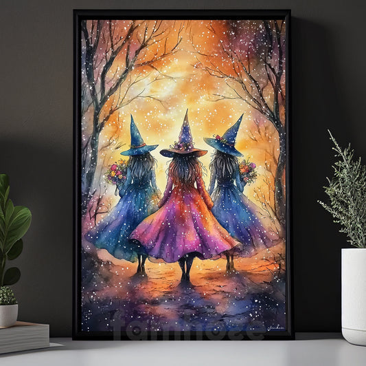 Halloween Witch Canvas Painting, Sisterhood Witch Trio Wall Art Decor Spooky Season Poster Gift For Witch Lovers