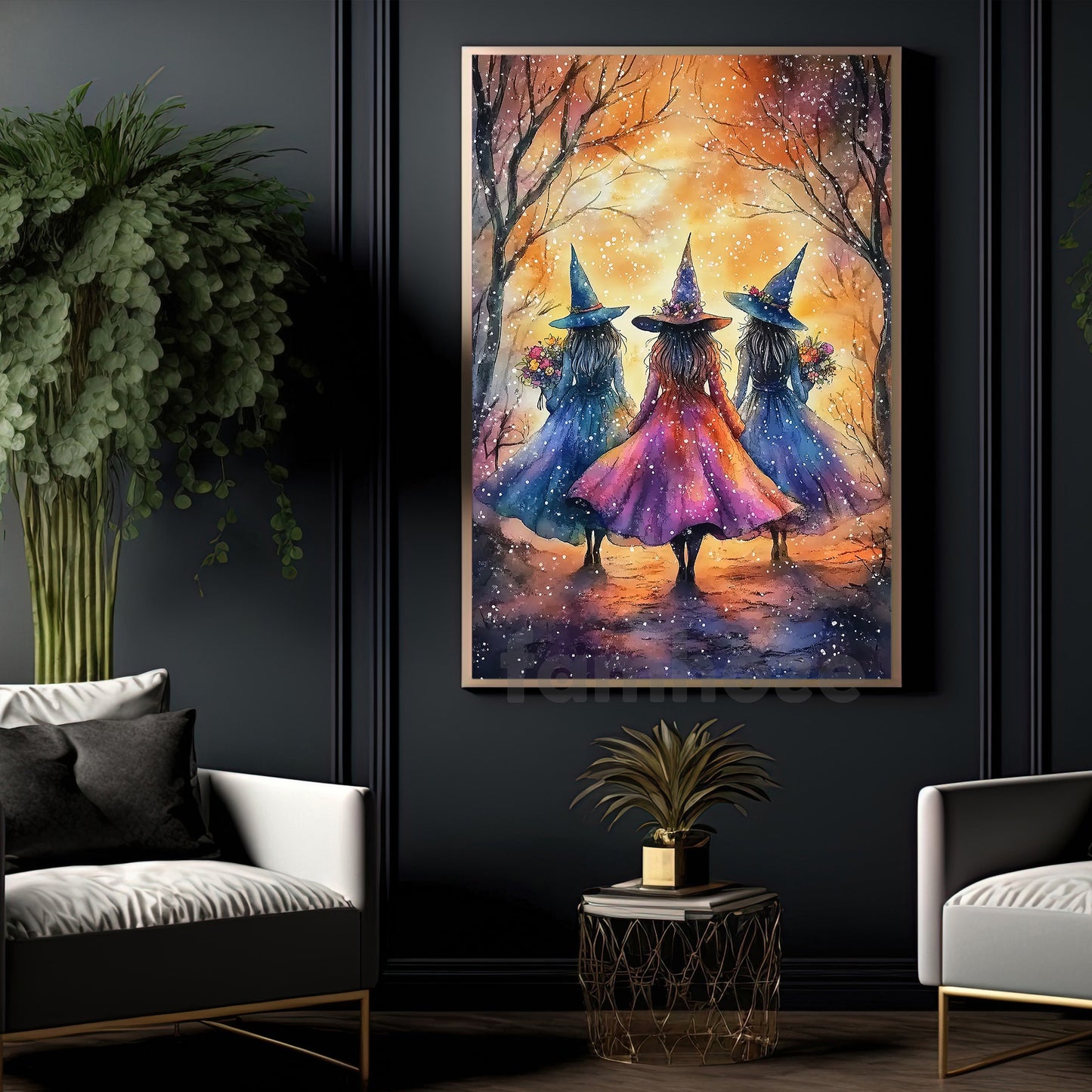 Halloween Witch Canvas Painting, Sisterhood Witch Trio Wall Art Decor Spooky Season Poster Gift For Witch Lovers