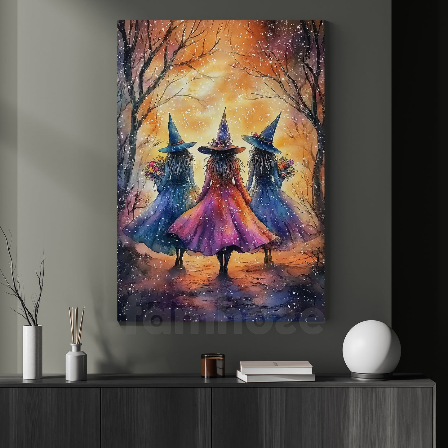 Halloween Witch Canvas Painting, Sisterhood Witch Trio Wall Art Decor Spooky Season Poster Gift For Witch Lovers